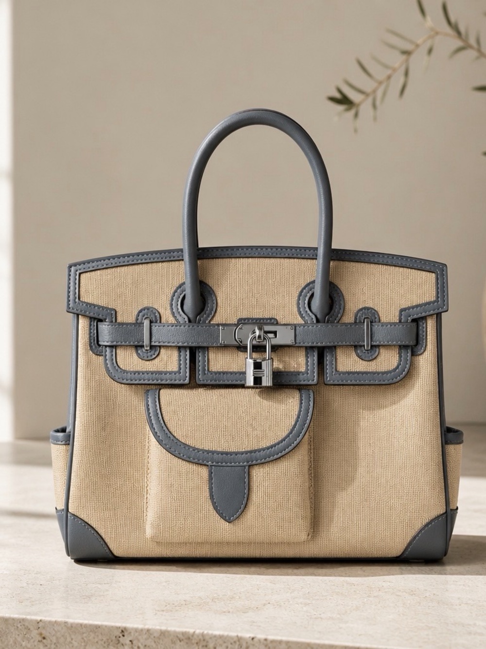 Classic Mousse Gray and Canvas Cargo Tote Bag with 100% Genuine Leather Trim